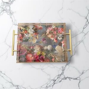 Floral Acrylic Serving Tray with Gold Handles